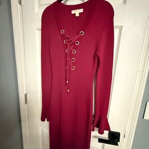 Michael Kors Burgundy Lace-Up Long Sleeve Dress